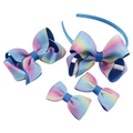 Rainbow gradient ribbed grosgrain bow headband and clip set for girls - Bright Rainbow Gradient