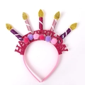 Pink Happy Birthday party headband with colorful glitter candles and fluffy pom poms - Rose Pink Glitter Candle Letter Style (Style 6)