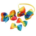 Rainbow grosgrain ribbon bow headband and clip set for girls with vibrant gradient colors - High Saturated Rainbow Stripe