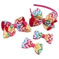 Rainbow chevron handmade ribbed hair bow headband and clips four-piece set for girls - Colorful Chevron Wave Pattern