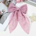 Barrette à cheveux avec nœud en mesh rose, longs rubans et strass scintillants - Rose