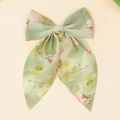 Pince à cheveux noeud en mousseline vert sauge avec de longs rubans et motif floral - Motif Floral Vert (Style 5)