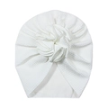 White baby turban hat with handmade waffle fabric flower and soft pleated design - White