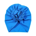 Blue waffle knit baby turban hat featuring a large handmade pleated flower detail - Blue