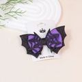 Handgemachte Halloween Haarspange mit schwarzen Glitzerflügeln und lila Schleife - Fledermaus Spinnennetz Stil (款式四)