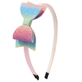 Rainbow gradient girls headband featuring a large double-layer glitter bow and pink ribbon - Pink Rainbow Glitter Bow Style (#3)