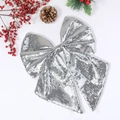 Large sparkling silver sequin Christmas bow decoration with long tails for tree - Silver