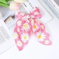 Pink satin bow hair clip with white daisy print and long ribbons for sweet styling - Pink