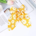 Yellow satin bow hair clip with white daisy print and long elegant ribbon - Yellow