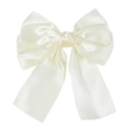 Elegant cream white satin bow hair clip with long ribbons and a glossy silk finish - Cream White