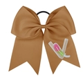 Chouchou avec nœud en gros-grain caramel, broderie lettre V et plume colorée - Caramel - Style Lettre V