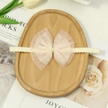 Pink polka dot mesh bow baby headband with gold accent on white elastic band - Light Pink