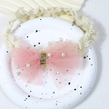 Bandeau bébé avec nœud en tulle rose, perles et dentelle crème élastique pour filles - Rouge Pastèque
