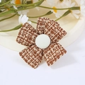 Brown and beige plaid tweed five-petal flower accessory with a white center button - Brown and White Plaid