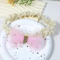 Pink tulle bow baby headband with pearls and gold sequin trim on cream lace band - Pink