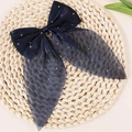 Elegant navy blue oversized mesh bow hair accessory with sparkling rhinestones decoration - Navy Blue (Without Clip)