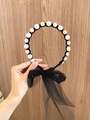Cerchietto per bambine con perle bianche ed elegante fiocco in rete nera per capelli - Nero