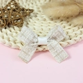 Elegant tweed bow hair accessory in beige and light coffee tones with white ribbon center - Beige Coffee Tweed Woven (#14)