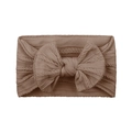 Soft cable-knit elastic baby headband featuring a large bow in classic brown color - Brown (#23)