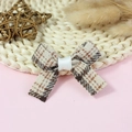 Elegant vintage plaid bow hair accessory with beige checkered fabric and white silk ribbon - Vintage Mori Plaid Cloth (#15)