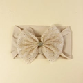 Elastic baby headband with beige double-layered bow featuring gold sequins and mesh - Beige