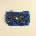 Elastic navy blue baby headband featuring a large mesh bow with golden glitter details - Dark Blue