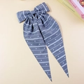Elegant navy blue hair bow with white polka dots and wavy stripes fabric pattern - Grey Blue