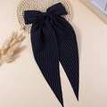 Large dark blue striped ribbon bow hair clip with long streamers in Korean style - Navy Blue with Stripes (#6)