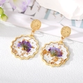 Elegant gold-framed round resin earrings with purple dried flowers and gold leaf accents - Purple Flower with Gold Foil (GH3E)