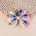 Handmade ribbon hair clip featuring vibrant rainbow crayon strokes and colorful dots - Multicolored Crayon Pattern
