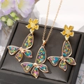 Fashion butterfly flower jewelry set with gold plating and colorful dried floral resin pendant - Multicolor Butterfly Necklace And Earrings