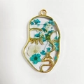 Gesichtskontur Ohrring mit blau-weißen Trockenblumen in goldenem Metallrahmen - Blau Gesichtssilhouette Anhänger Ohne Kette