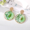 Handmade gold hoop earrings with green dried flowers and pearl inside a clear round charm - Green Round Artificial Pearl Flower