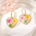Detailed macro view of heart-shaped gold earrings with colorful pressed dried flowers - Five Colorful Small Flowers (7#)