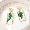Square gold frame earrings featuring real green leaf specimens in transparent resin - Style 1 Green Grass