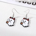 Detailed view of Halloween ghost earrings with red horns holding a pumpkin charm - Devil Pumpkin Ghost Style (12# Devil Pumpkin Ghost (Silver Hook))
