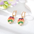 Colorful monstera leaf drop earrings in gold alloy with striped enamel pattern - Deep Purple Colorful Leaf