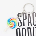 Detail of colorful rainbow lollipop keychain with polished silver metal ring and chain - Blue Pink Red And Yellow Lollipop