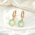 Vintage gold hoop earrings with green oval opal pendant and sparkling rhinestones - Green Stone Ear Loops
