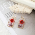 Handmade rectangular resin earrings with real dried flowers, gold foil, and pearls - Red Purple Flower (With Pearl)