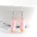 Unique pink resin pencil-shaped drop earrings with silver hooks for students - Pink