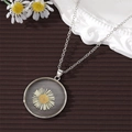 Preserved white daisy pendant necklace with silver chain on an elegant vintage background - White Small Flower Silver Color