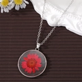 Handmade dried red flower necklace in resin pendant with elegant silver chain for women - Red