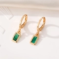 French vintage gold hoop earrings with emerald-cut green crystal geometric pendants - Green