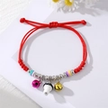 Handmade red braided cord bracelet with bell, mushroom charm and colorful beads - Pink Gold Bell Black Mushroom