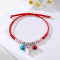 Handmade red braided rope bracelet with cute ceramic mushroom and colorful bell charms - Blue Red Bell Pink Mushroom