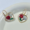 Clear heart drop earrings with real red and blue dried flowers in gold frames - Heart Shape Blue Flower Style