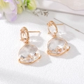 Elegant gold fan-shaped geometric crystal earrings with double hanging glass drops - White
