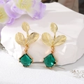 Gold leaf emerald drop earrings featuring green geometric crystal pendants for women - Emerald Green Leaf Teardrop Studs