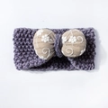 Detail of purple knitted baby headband with cream embroidered bow and floral motifs - Gray
